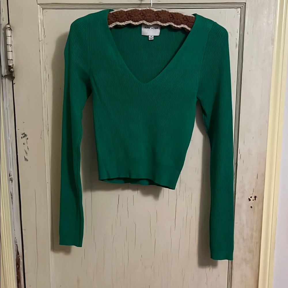 Green V-Neck Ribbed Sweater